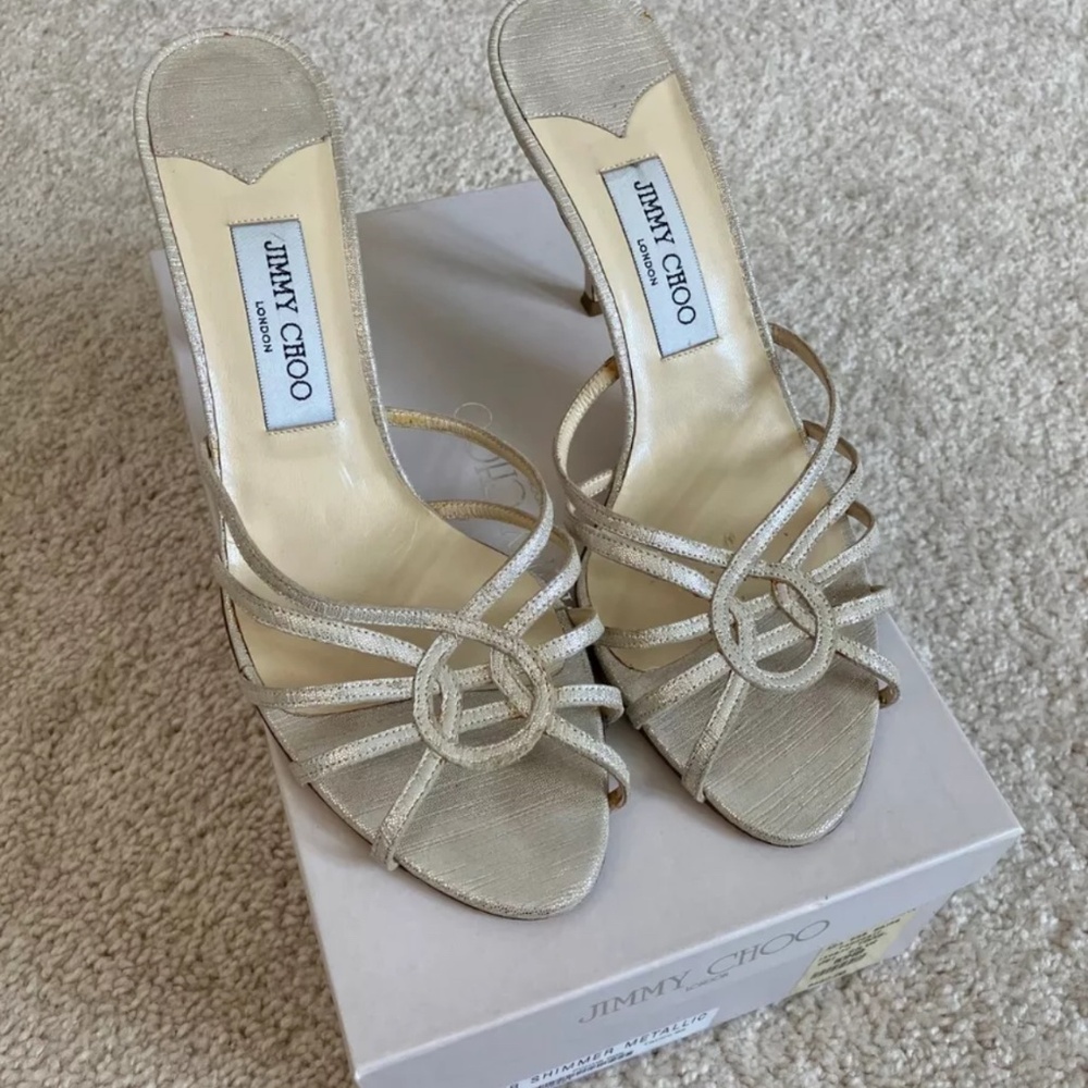 JIMMY CHOO Women's Silver Shimmer Metallic Ruben Slide Sandal Heel Size 40.5